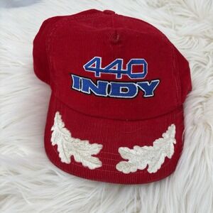 Vintage Indy 440 Snowmobile Snapback Hat Cap Red Corduroy Hat Made in USA‎
